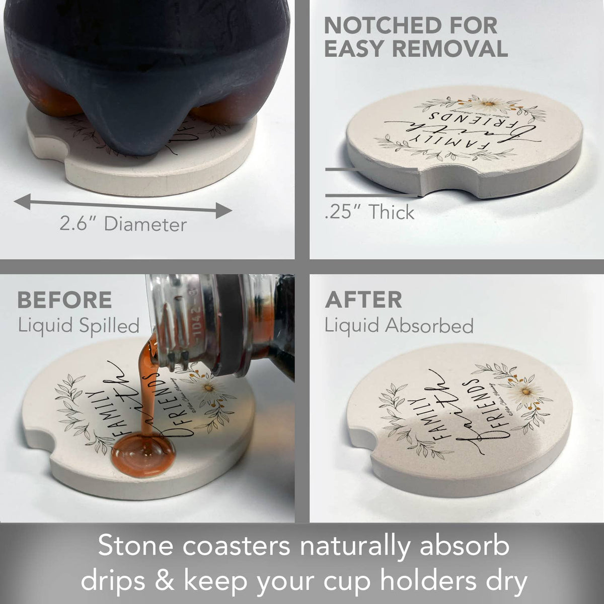 "Family Faith Friends" Absorbent Stone Car Coaster 1pk