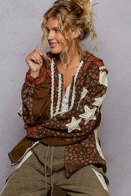 Long sleeve printed patch detail trim knit hooded jacket