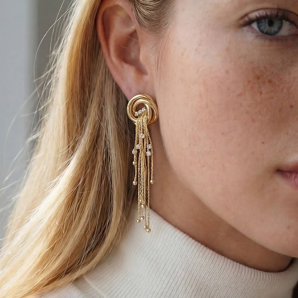 Gold Dipped Knot And Long Chain Fringe Stud Earrings: GOLD