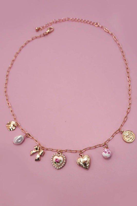 CERAMIC PORCELAIN BOW HEART CHARM LINK NECKLACE | 80N91546: Gold