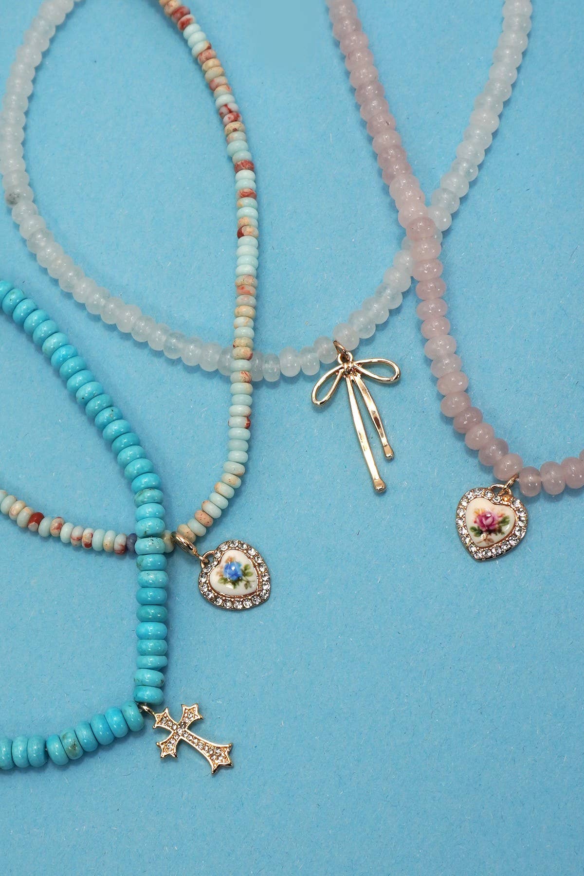 NATURAL SEMI PRECIOUS STONE BEADED CHARM NECKLACE | 80N91561: Rose Quartz