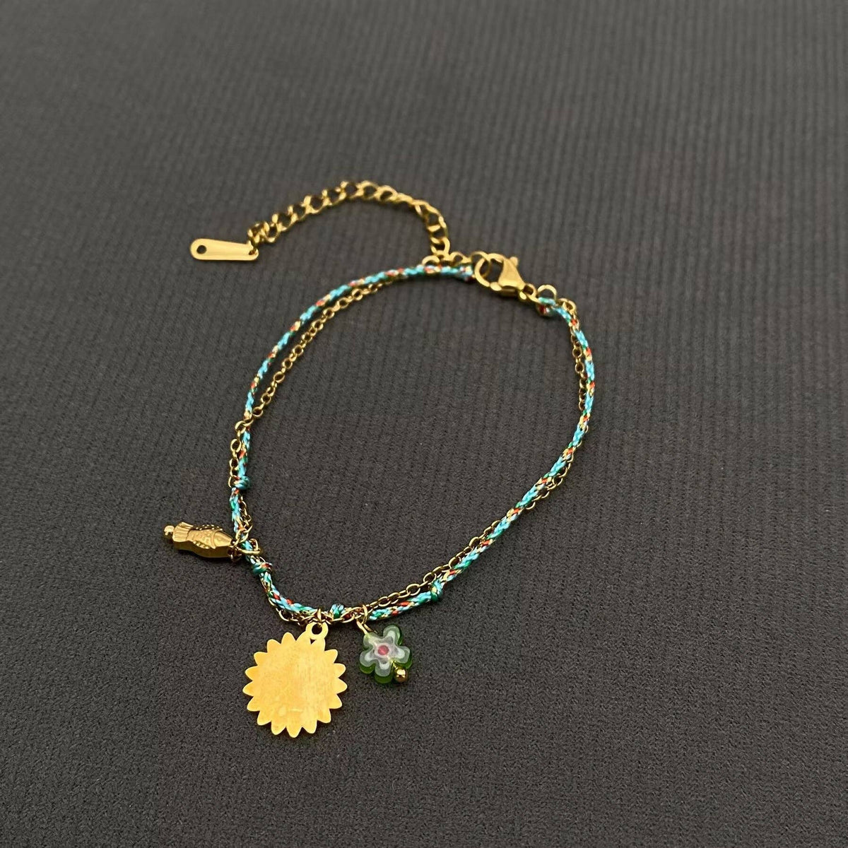 Daisy Charm 18K Golden S.Steel Woven Rope Bracelet - FGS: Blue
