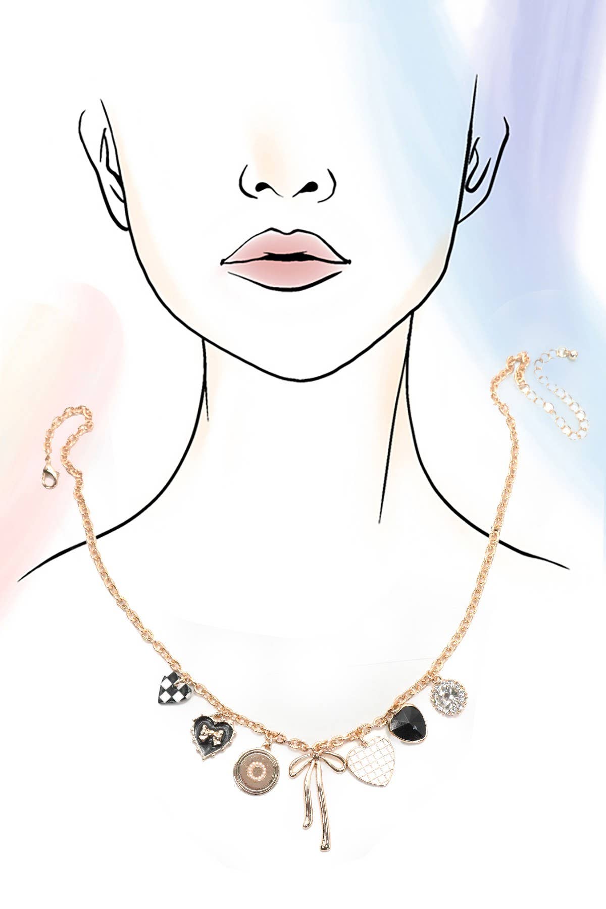 CHARM NECKLACE-BOW CHECKER HEART RHINESTONE | 80N91422: Gold