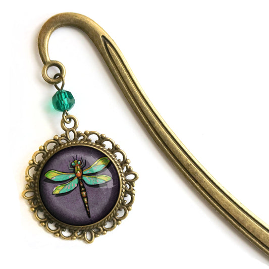 Purple Dragonfly Bronze Bookmark with Dangling Accent