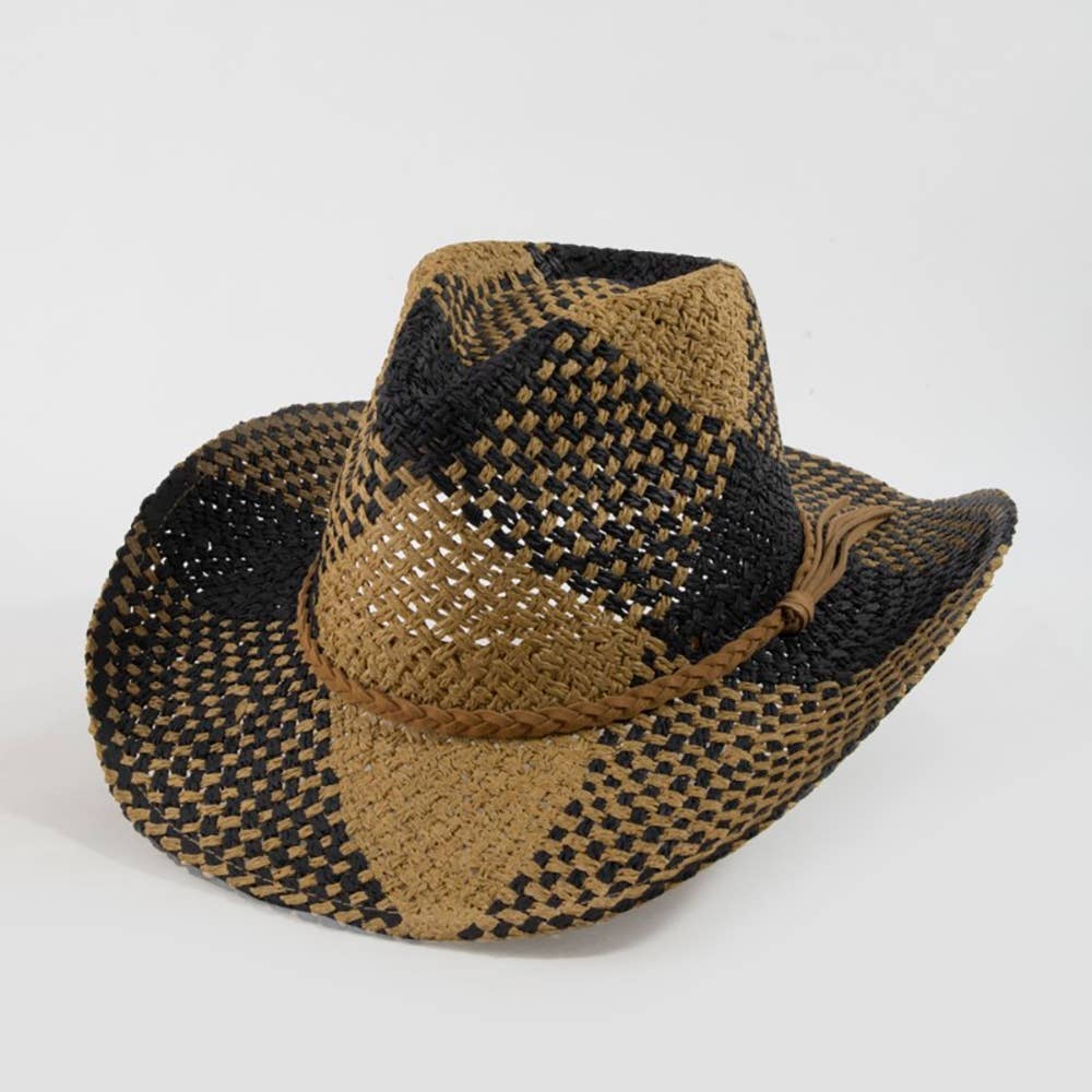 Two Tone Straw Braided Patches Cowboy Hat: IV