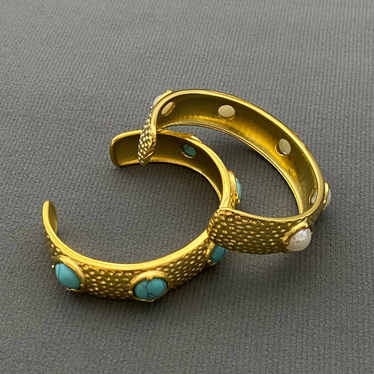 Turquoise & Pearl 18K Gold Plated Stainless Steel Cuff - FGS: Pearl