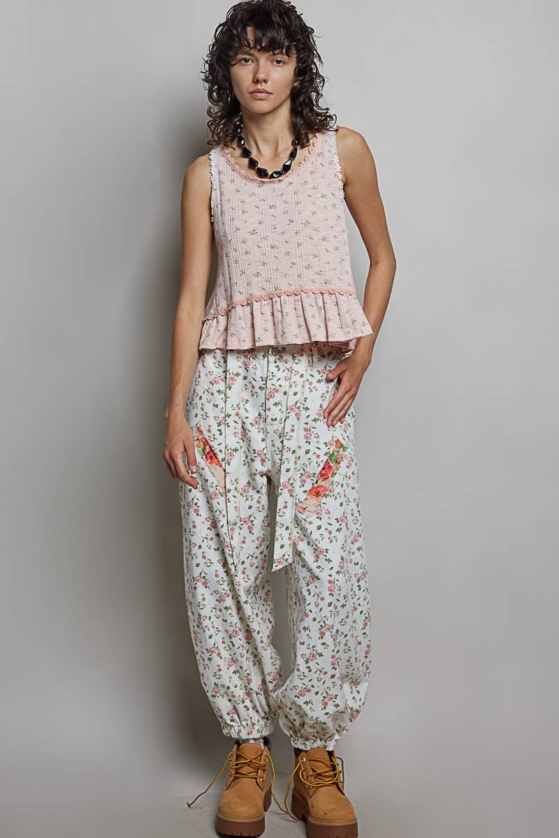 Round Neck Ruffle Hem Trim Detail Floral  L