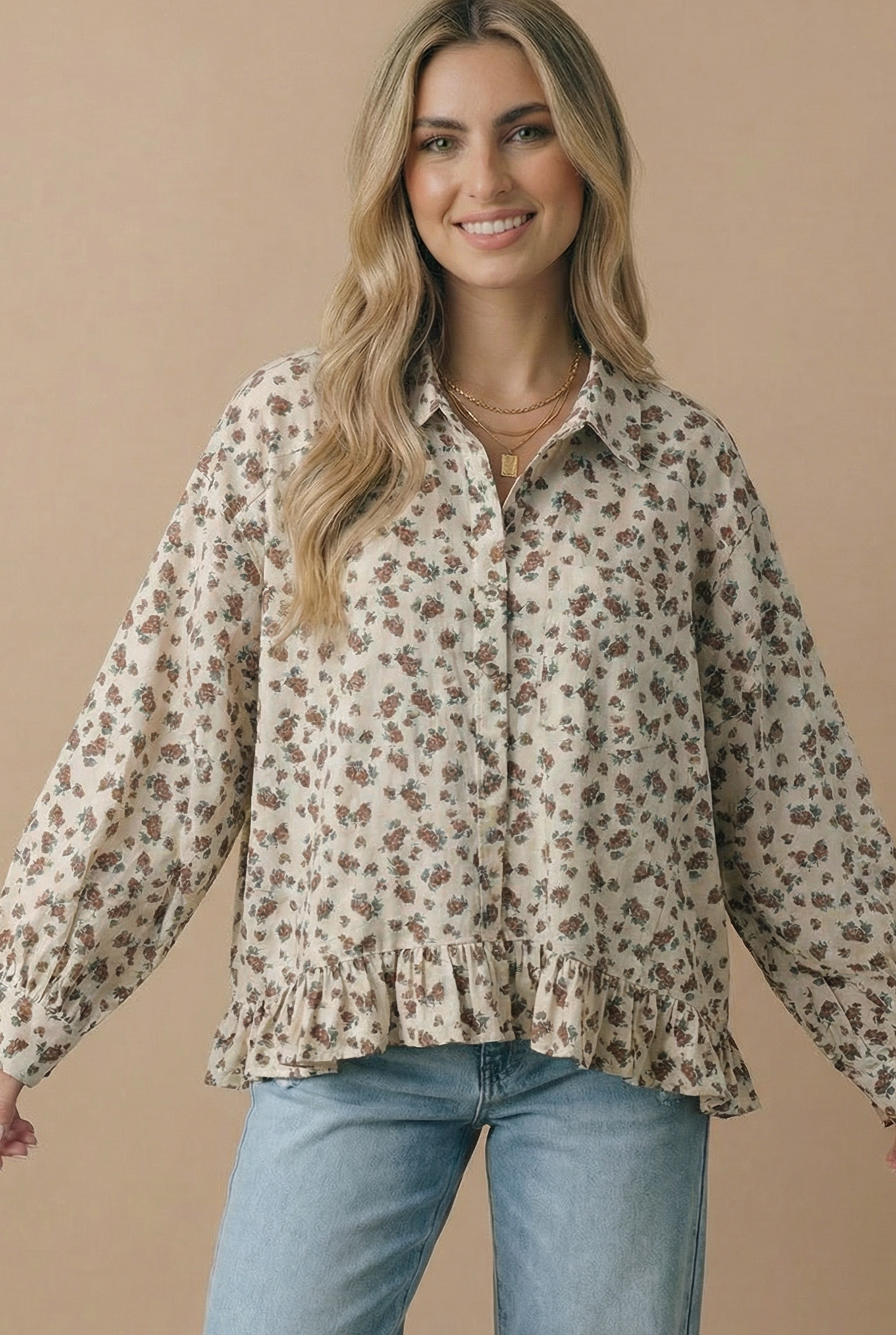 Collared Floral Peplum Hem Babydoll Shirt: OATMEAL / S