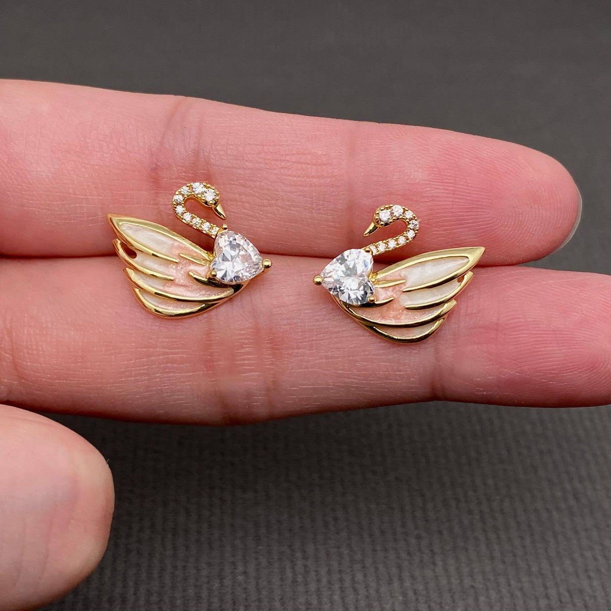 Heart Zircon 14K Gold Plated Enamel Swan Earrings