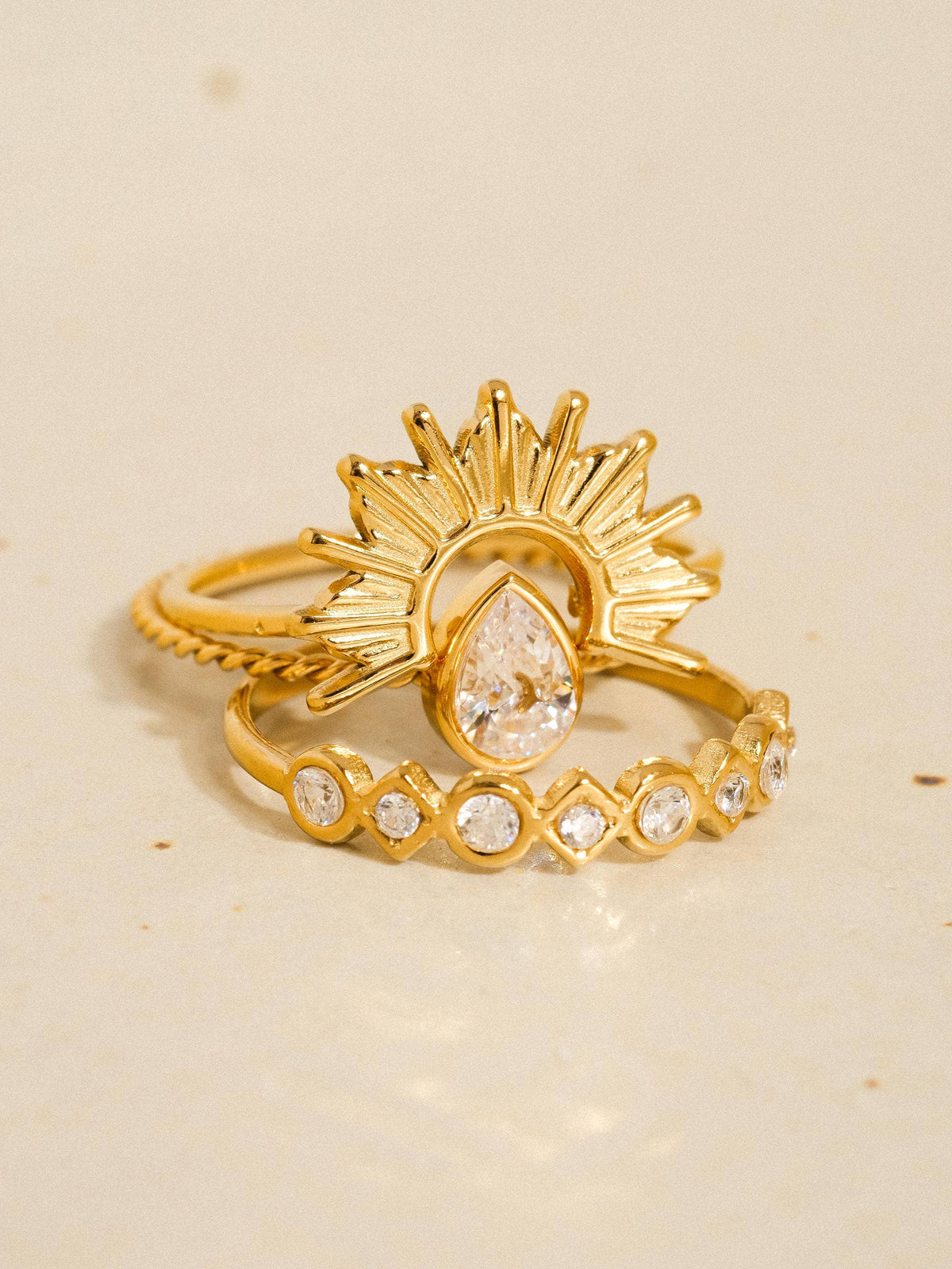 Françoise 18K Gold Non-Tarnish Sun Stone CZ Layered Ring: Yellow Gold
