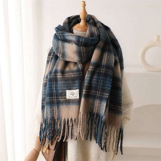 Vintage Plaid Colorblock Fringe Scarf : Blue