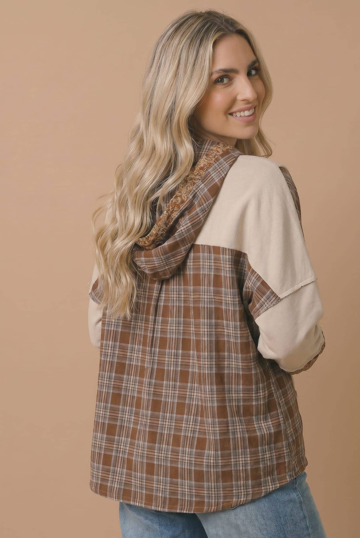 Plaid Floral Color Block Hoodie