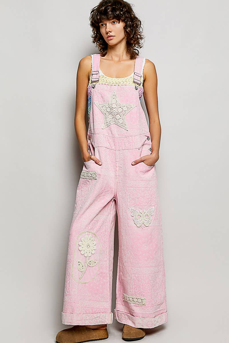 Floral Crochet Pearl Patch Roomy Fit Twill Overalls: FLORAL MULTI / M