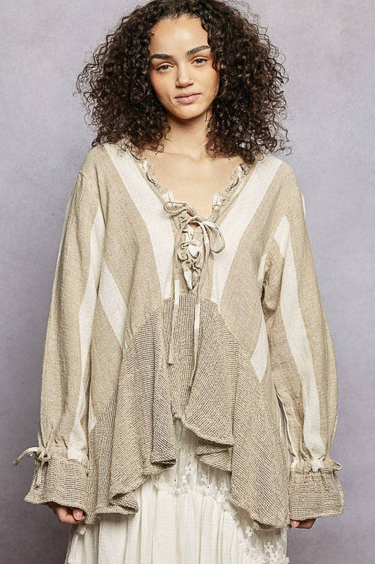 Ruffle Detail Linen Deep V-Neck Stripe Long Sleeve Top