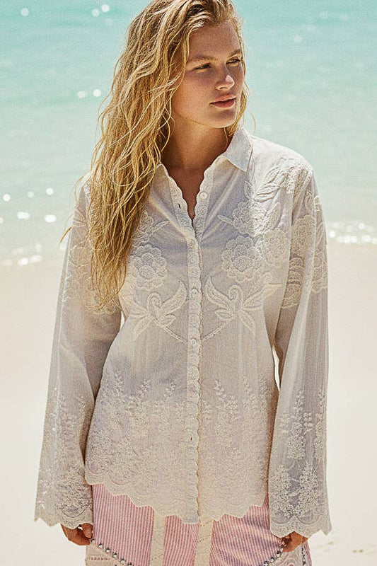 Long Sleeve Embroidered Scalloped Edge Shirt Top