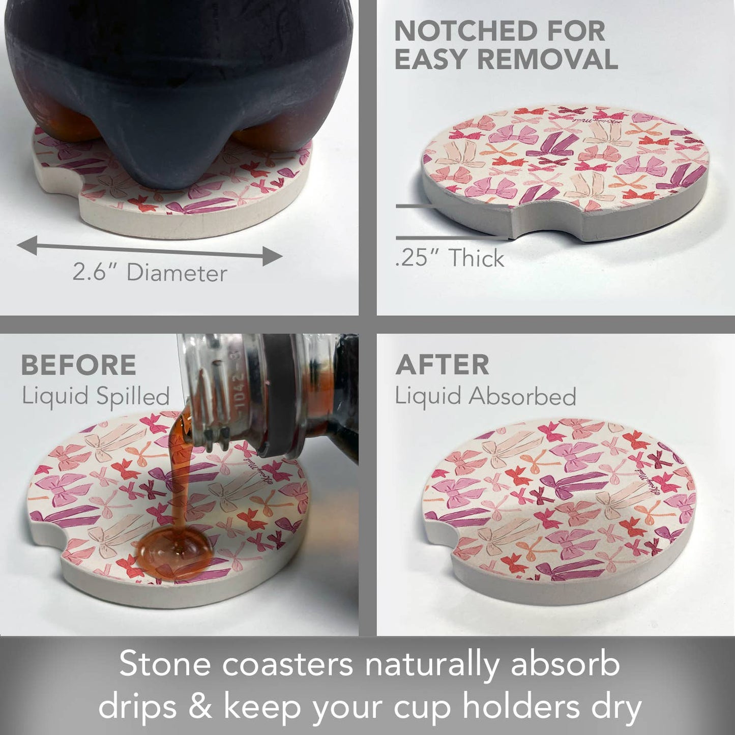"Mixed Bows" Absorbent Stone Car Coaster 1pk