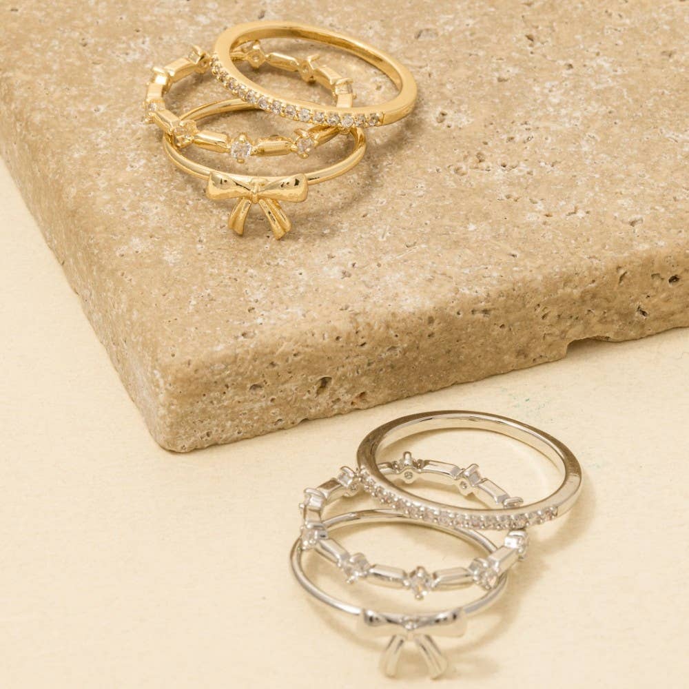 3 Piece Cz Studded Ribbon Bow Band Rings Set: CRR