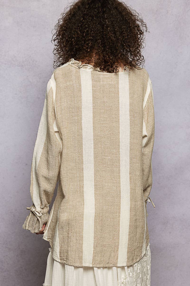 Ruffle Detail Linen Deep V-Neck Stripe Long Sleeve Top