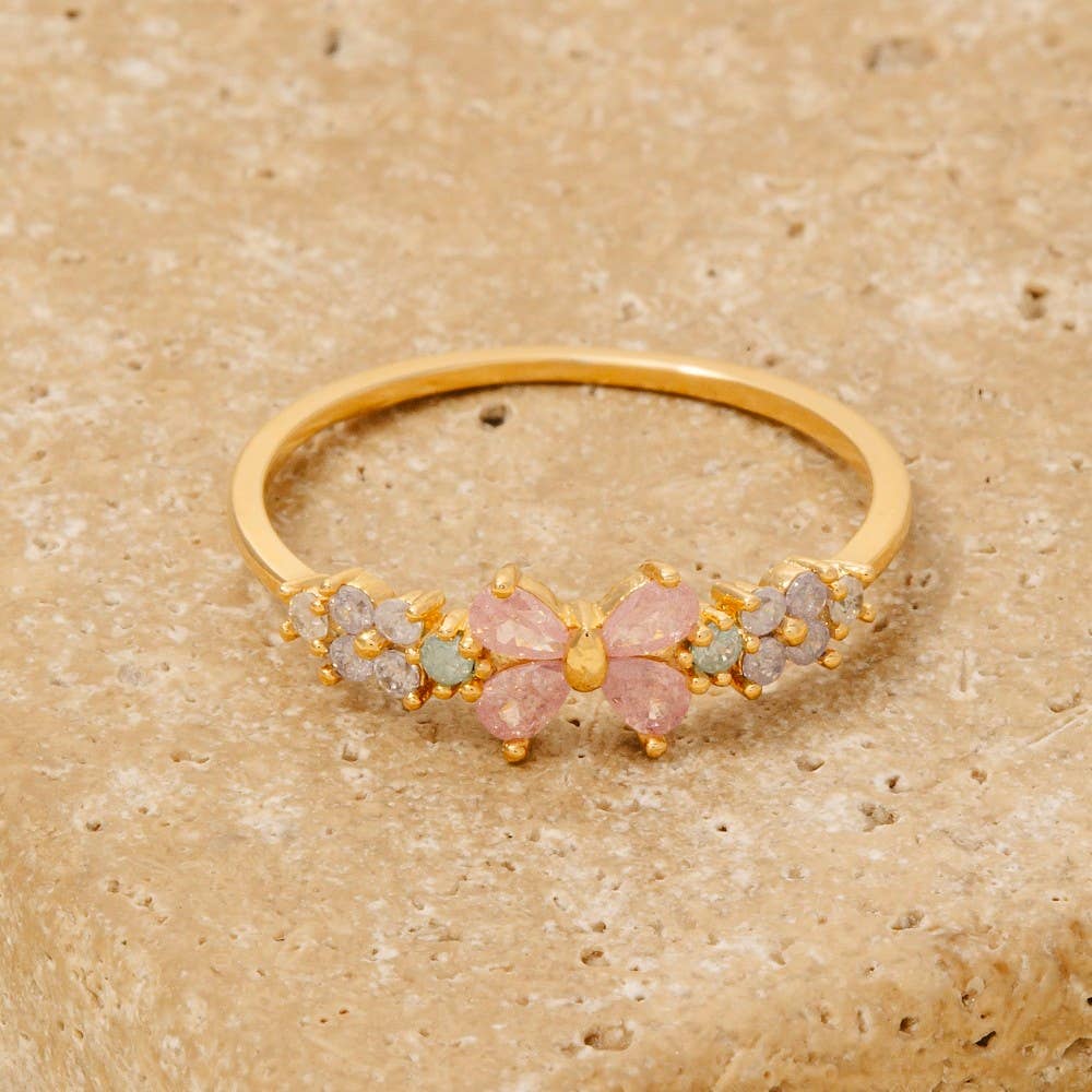 Gold Dipped Cz Flower Bow Ribbon Ring: G