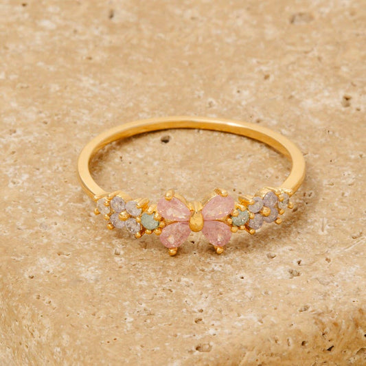 Gold Dipped Cz Flower Bow Ribbon Ring: G