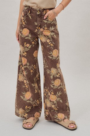 Brown Floral Print Wide-leg Jeans
