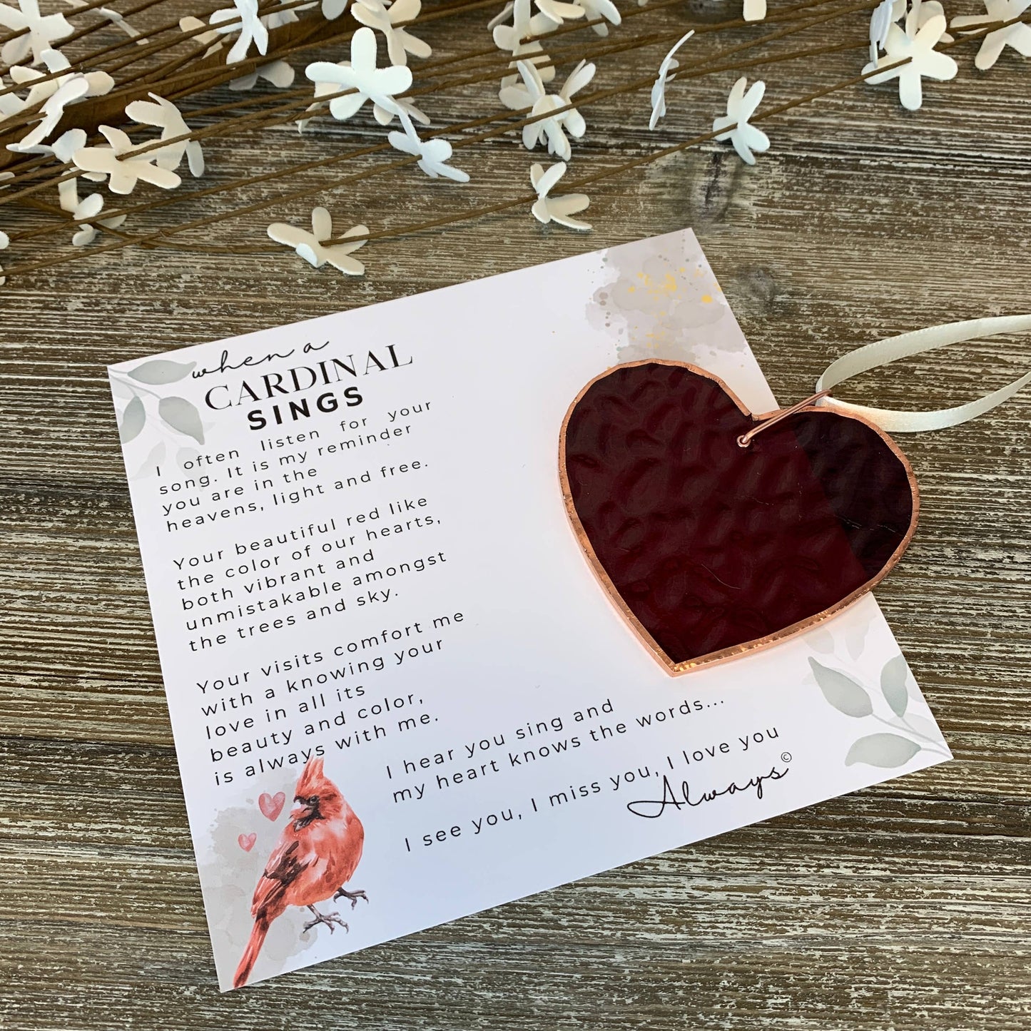 When A Cardinal Sings Memorial Stained Red Glass Heart ornament