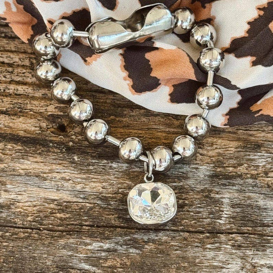 Polished Stainless Sparkle Charm Bracelet: 7 Inches