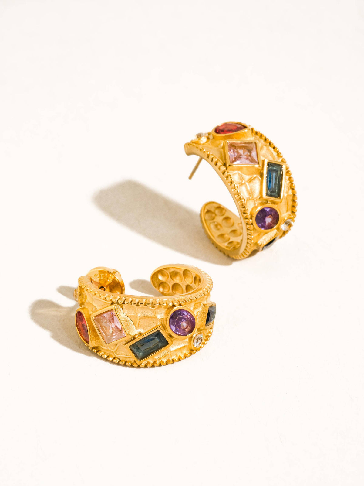 Delmare 18K Gold Non-Tarnish Vintage Gemstone Hoop Earrings: Yellow