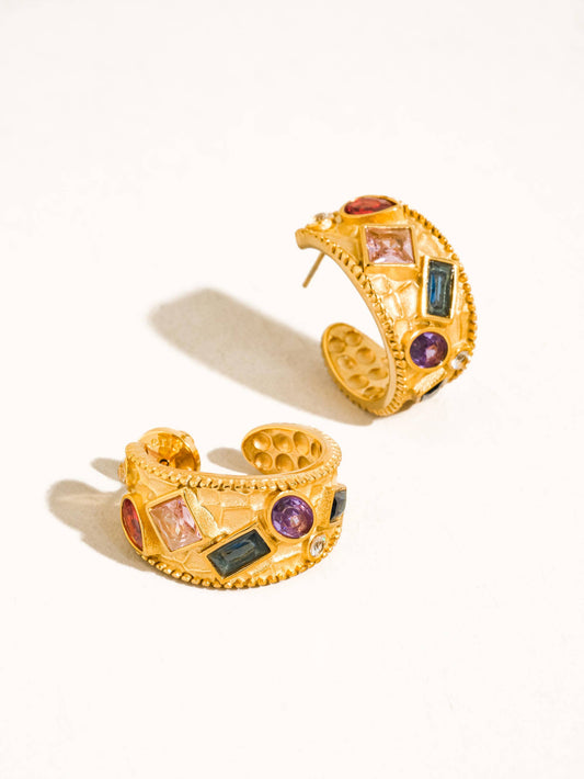 Delmare 18K Gold Non-Tarnish Vintage Gemstone Hoop Earrings: Yellow