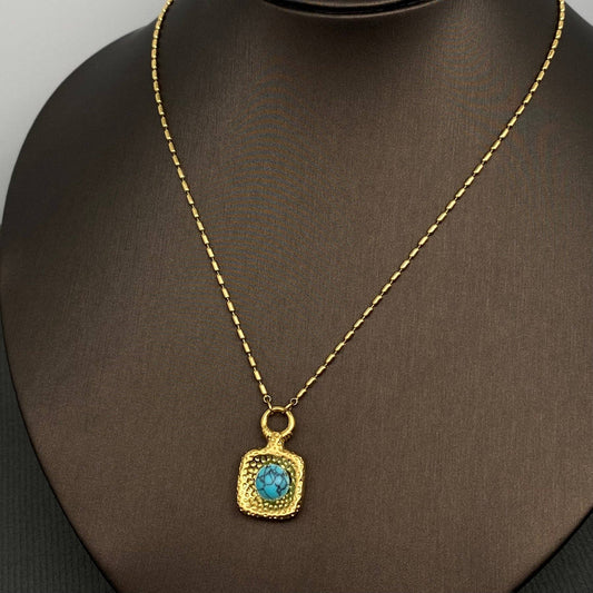 Turquoise Inlaid Square 18K Golden SS Charm Necklace - FGS