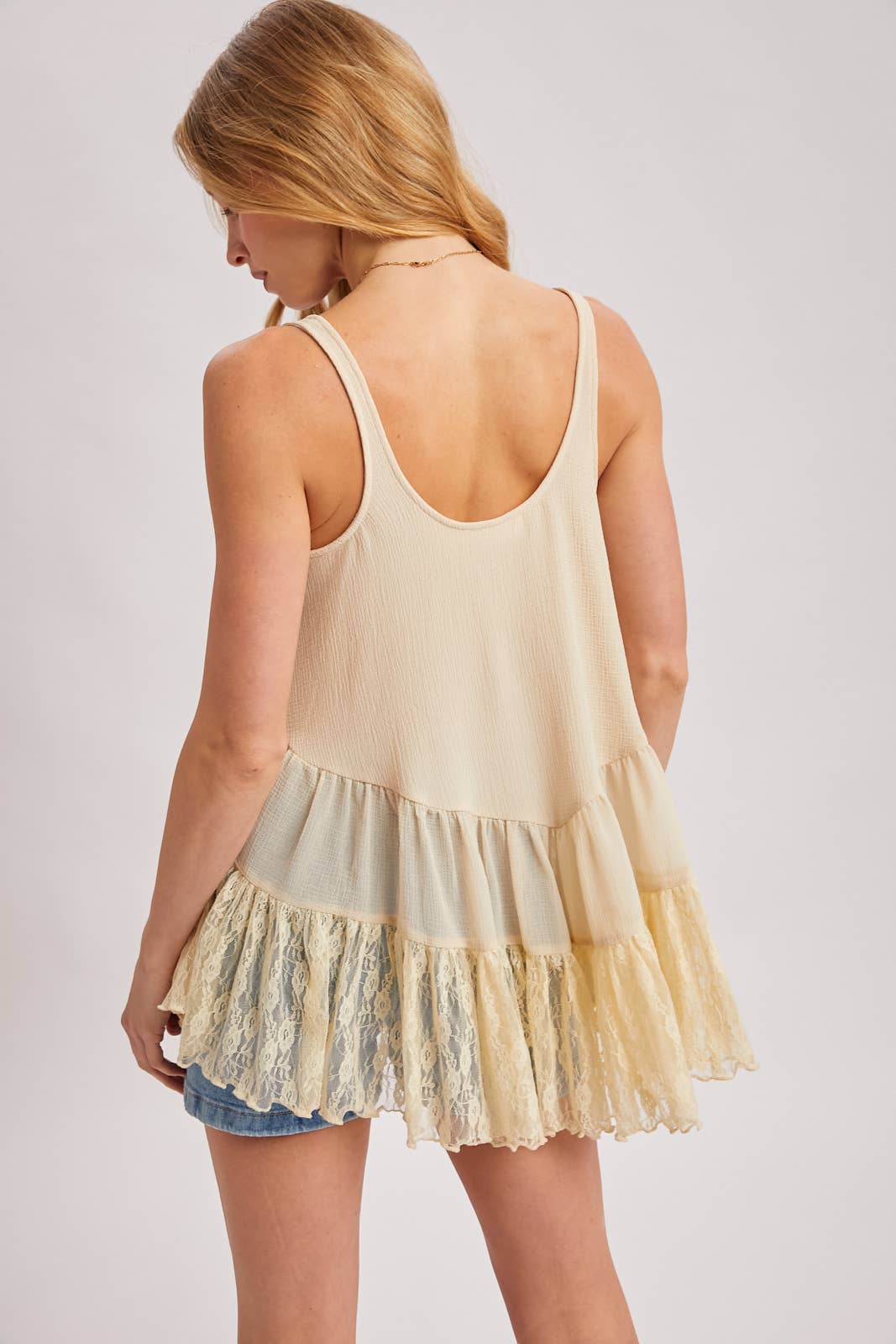 RUFFLE LACE TRIM SLIP TUNIC TOP: ECRU