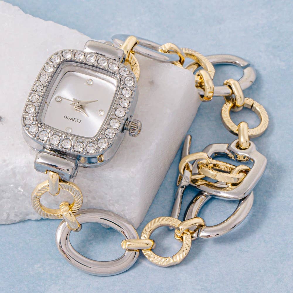 Two Tone Cz Toggle Chain Bracelet Watch: GOLDSILVER
