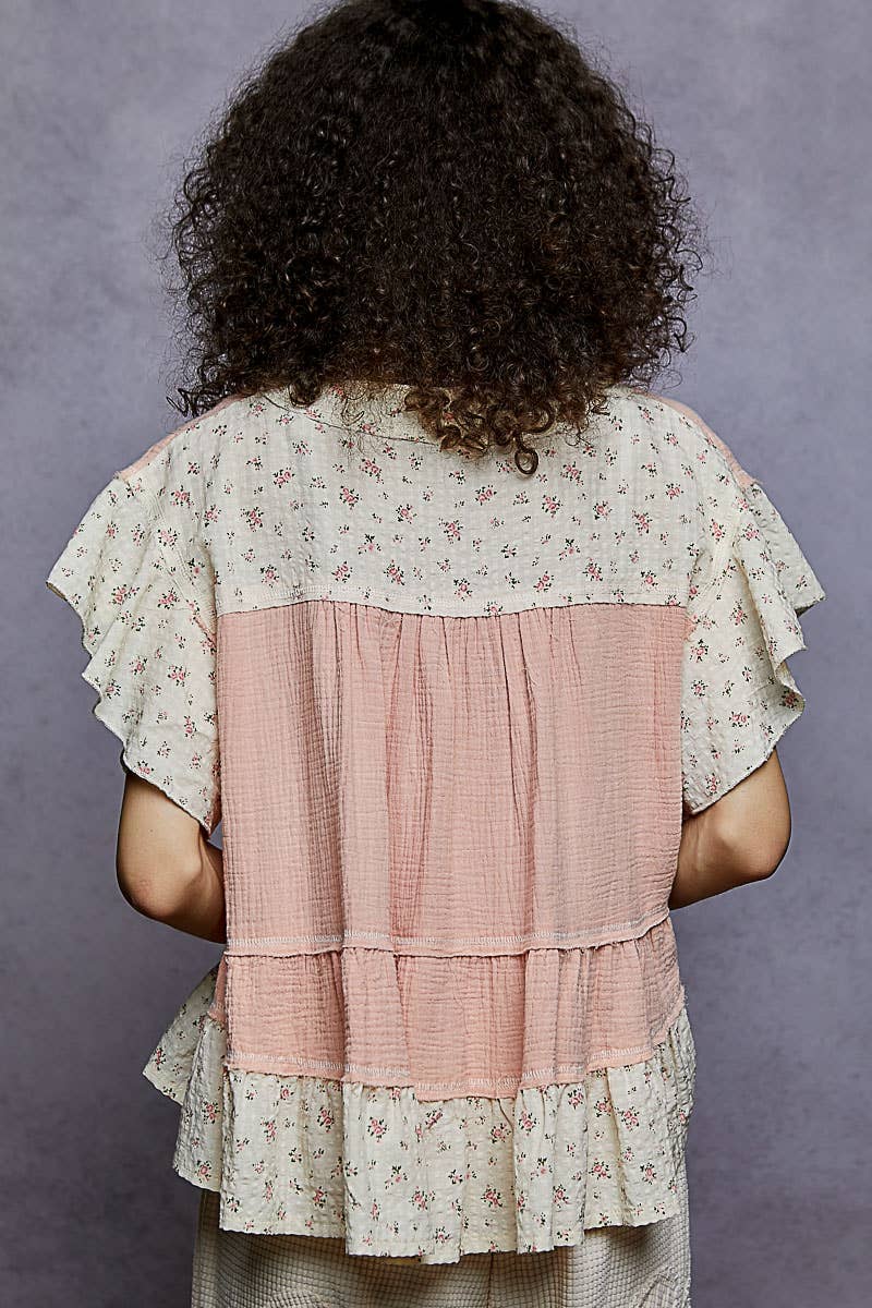 embroidery woven top: SALMON PINK