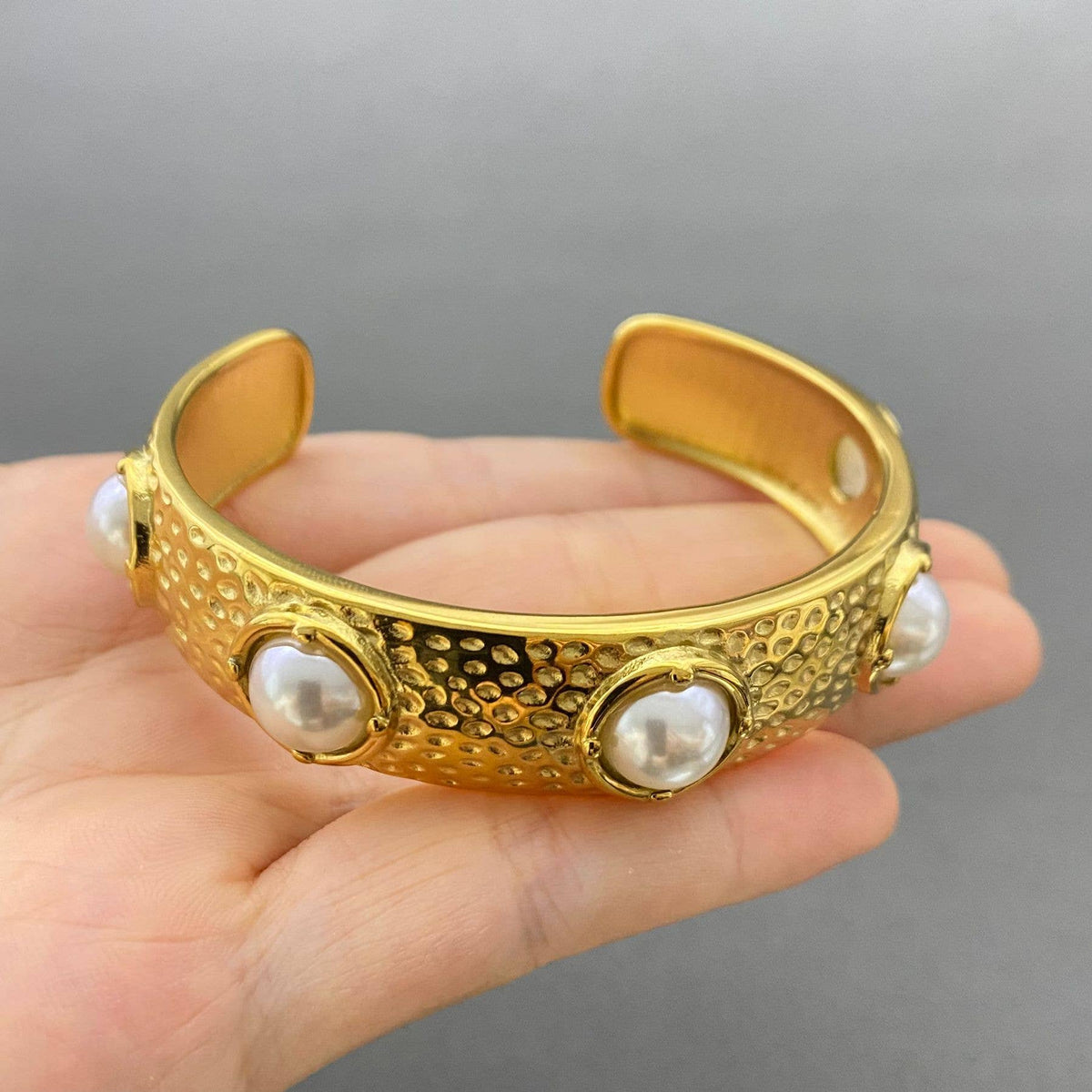 Turquoise & Pearl 18K Gold Plated Stainless Steel Cuff - FGS: Turquoise