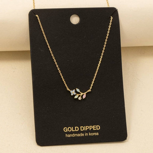 Gold Dipped Cz Flower Leaf Charm Necklace: G