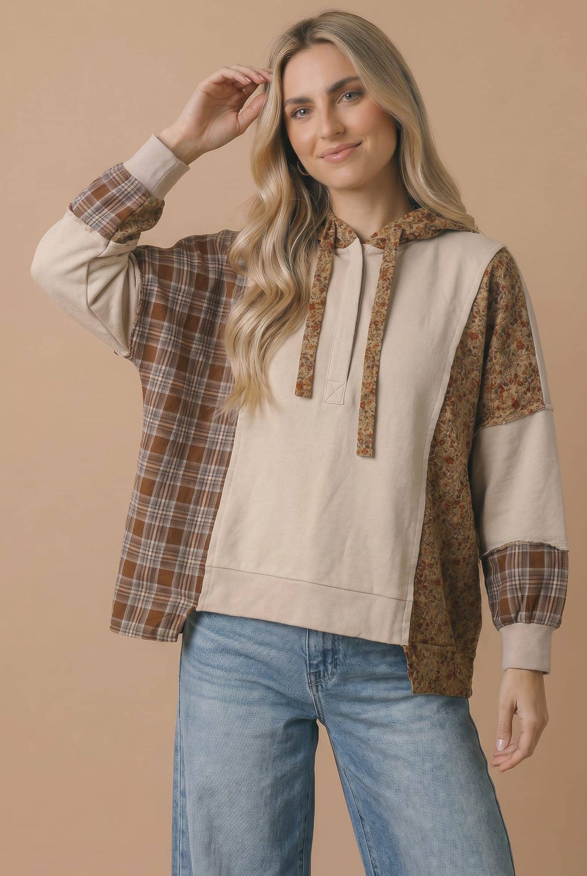 Plaid Floral Color Block Hoodie