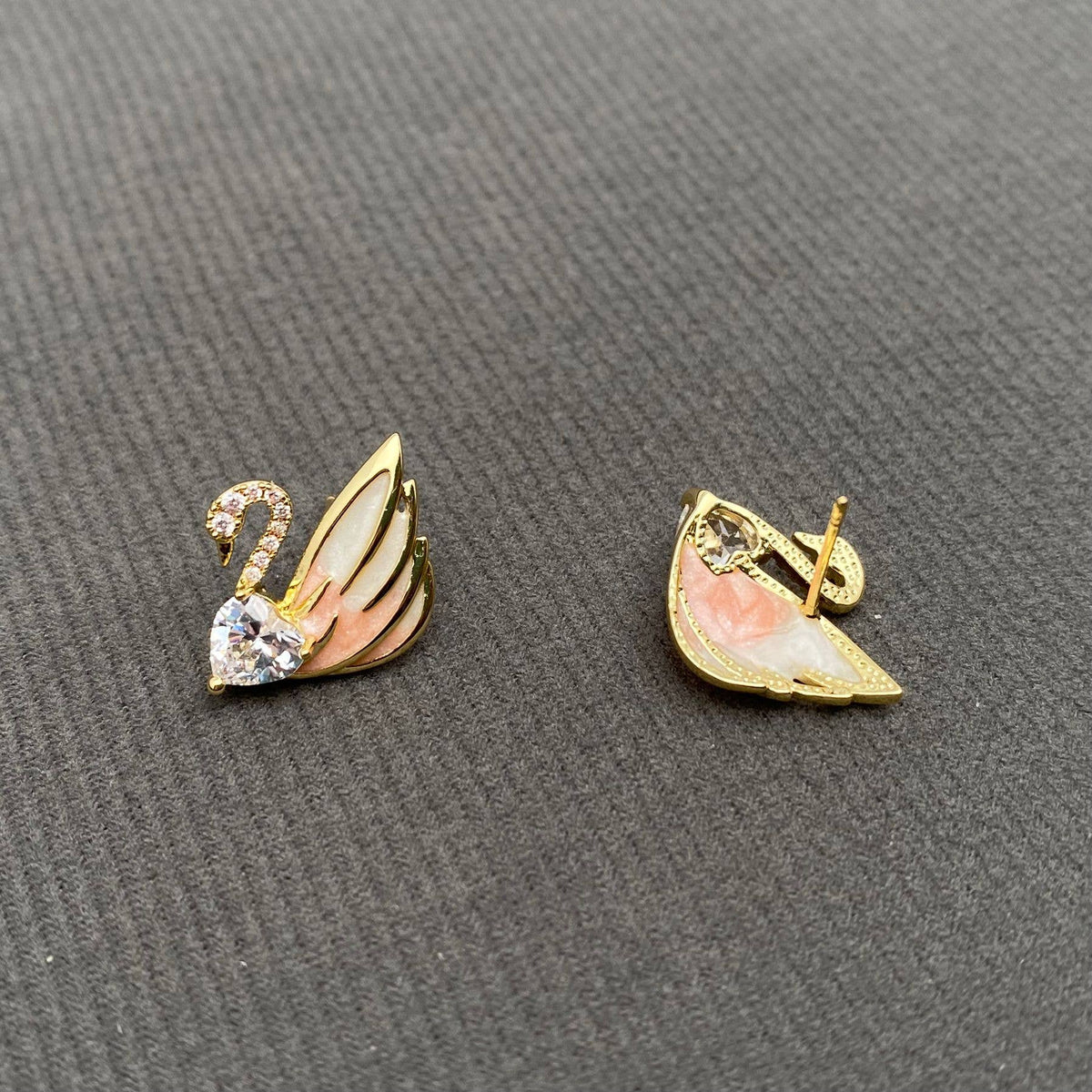 Heart Zircon 14K Gold Plated Enamel Swan Earrings