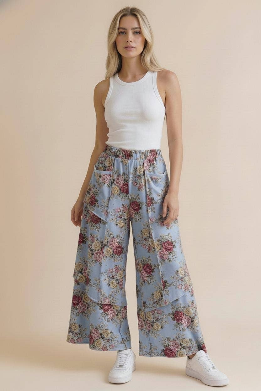Elastic Waist Wide Leg Vintage Floral Pant: Oatmeal / M