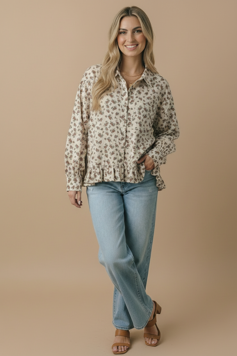 Collared Floral Peplum Hem Babydoll Shirt: OATMEAL / S
