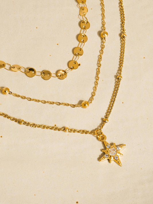 Pascal 18K Non-Tarnish Layered CZ Star Necklace: Yellow Gold