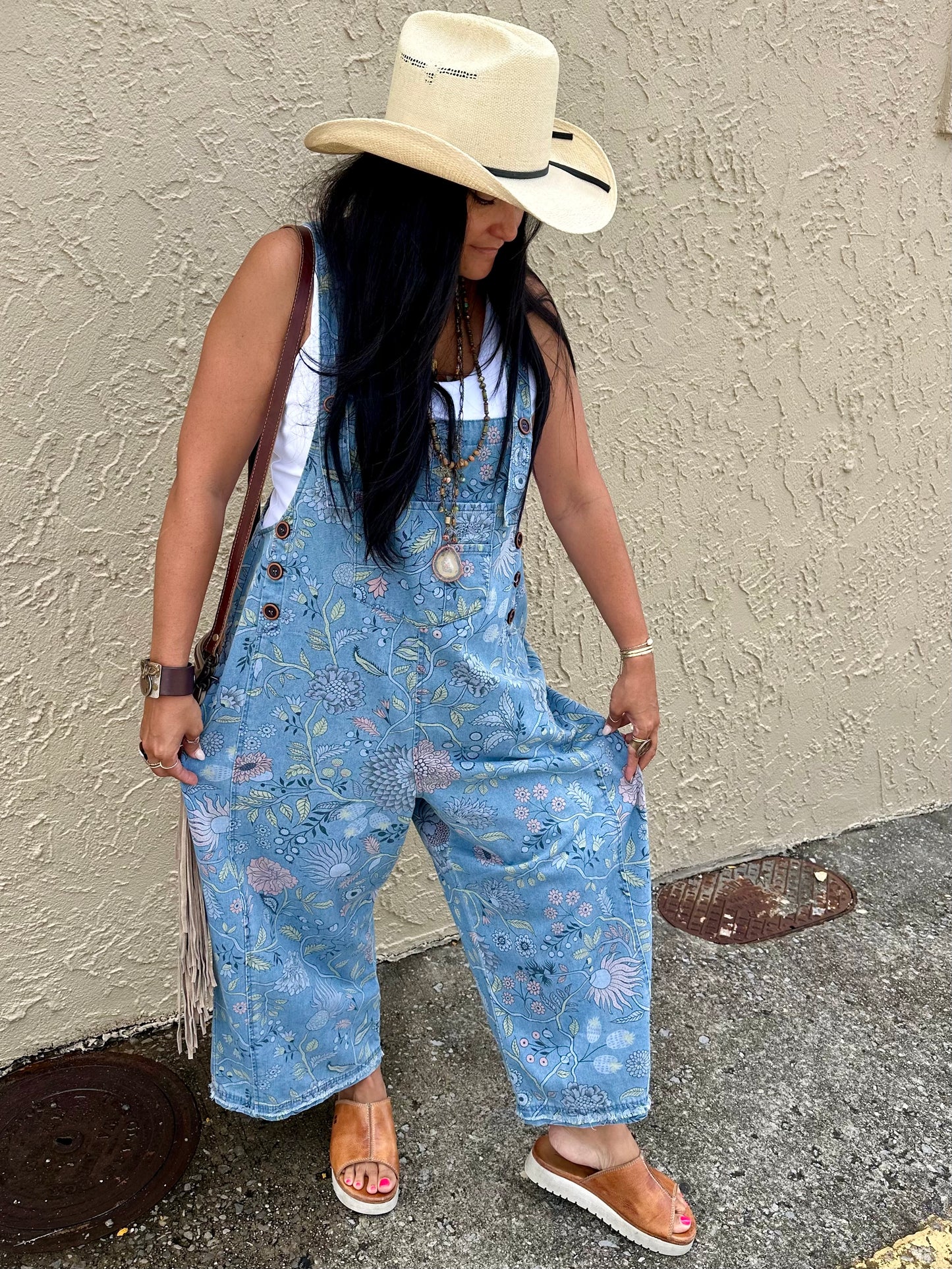Floral denim overalls
