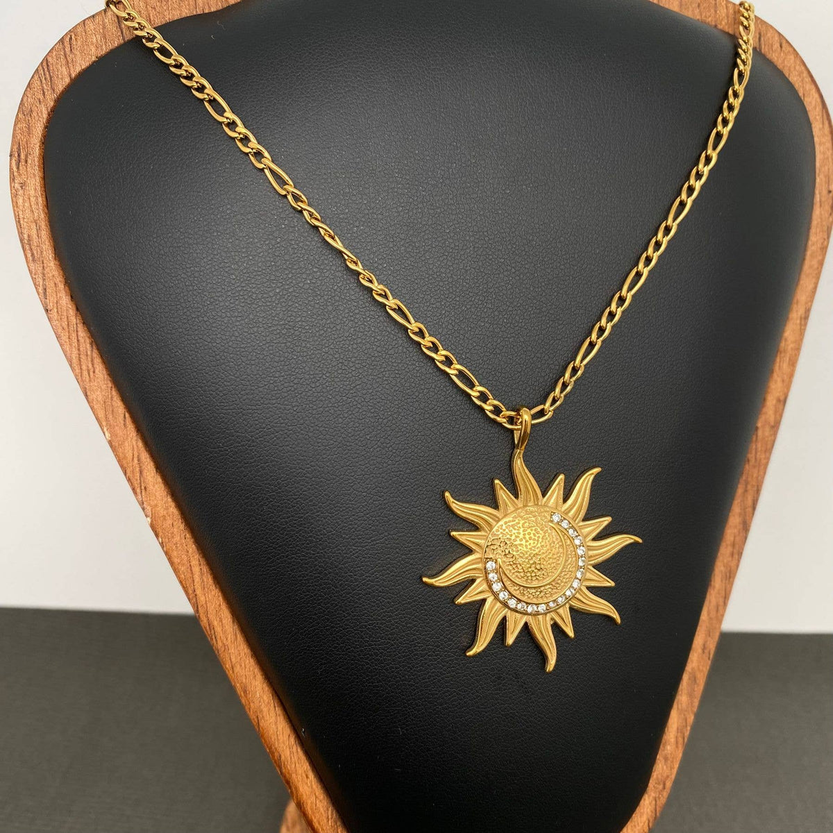 CZ Inlaid Moon Sun Charm 18K Golden SS Necklace - FGS/MS