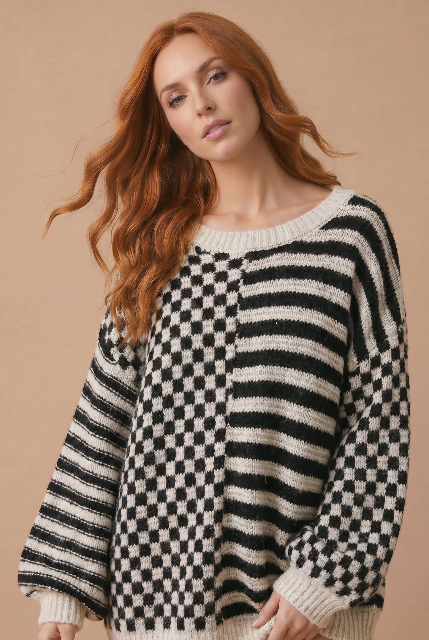Checker Stripe Color Block Jacquard Sweater: TAUPE/OATMEAL / M