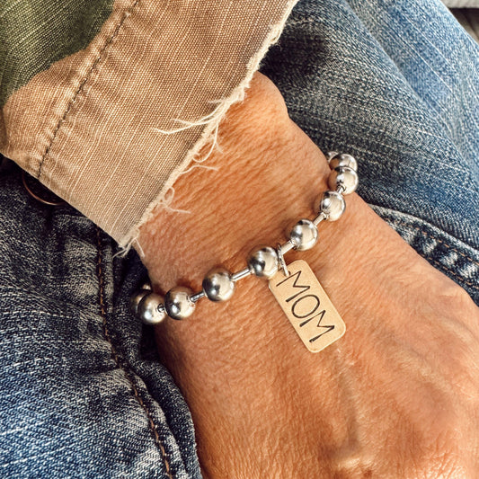 Hand Stamped MOM Brass Tag Bracelet: 7
