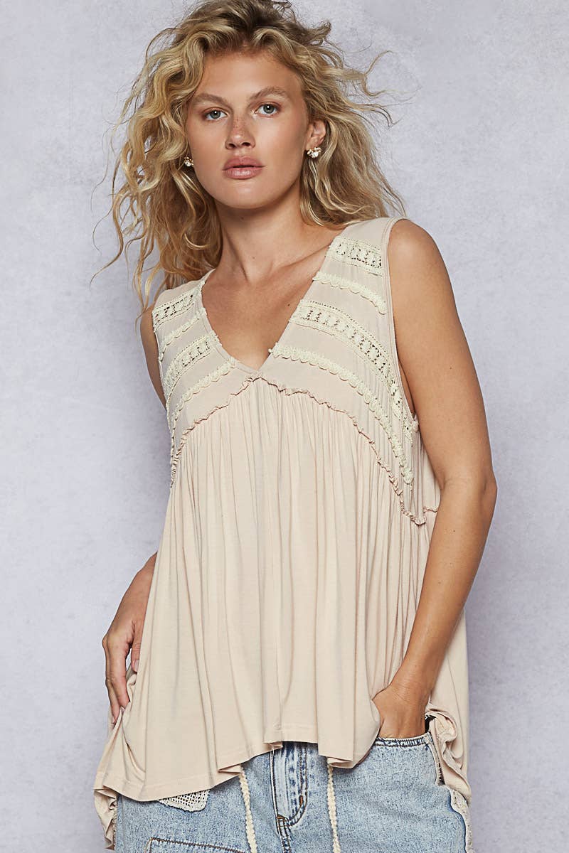 Sleeveless Loose Fit V-Neck Babydoll Casual Knit Top SALE: IVORY / M