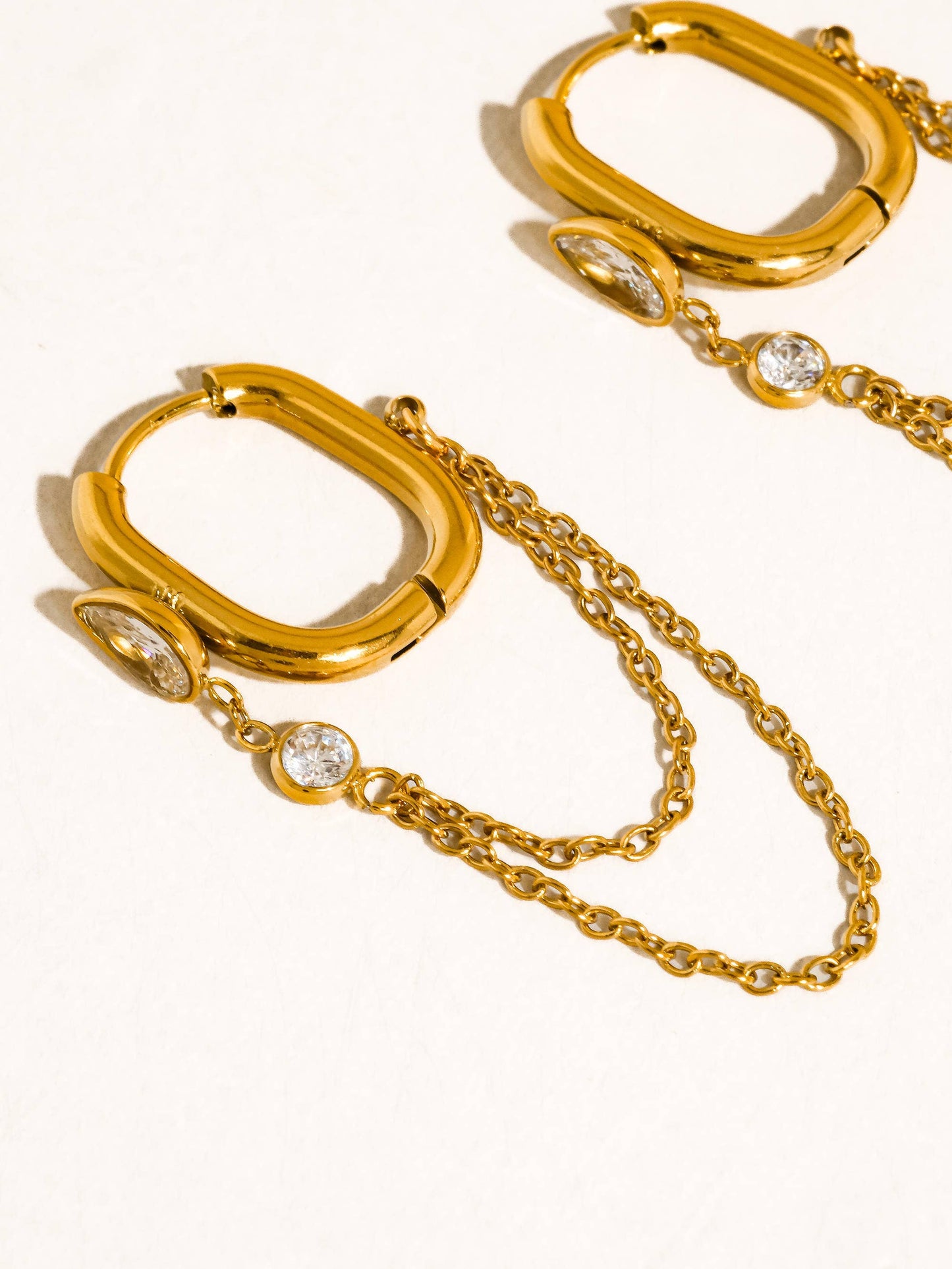Lucienne 18K Gold Non-Tarnish CZ Chain Link Drop Earrings: Yellow Gold