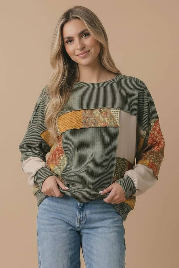 Bubble Sleeve Mixed Rib Thermal KnitTop