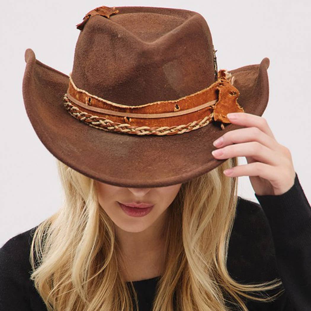 Vintage Versatile Shapeable Cowgirl & Fedora Hat With A Feat: Brown