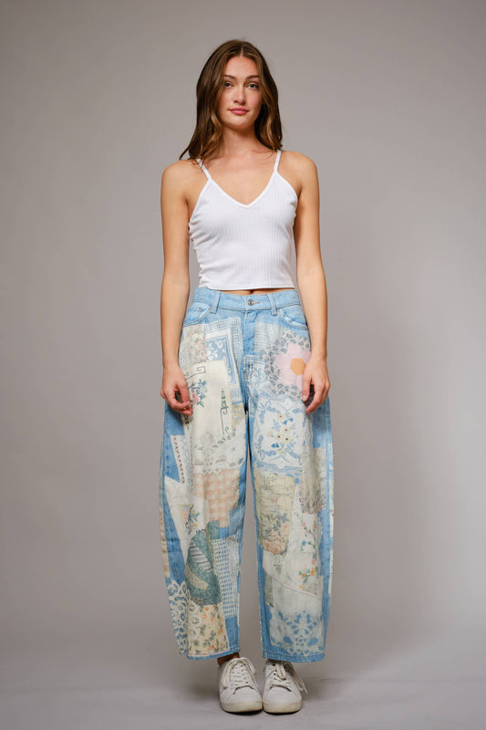 Patch Print Barrel Leg Jeans