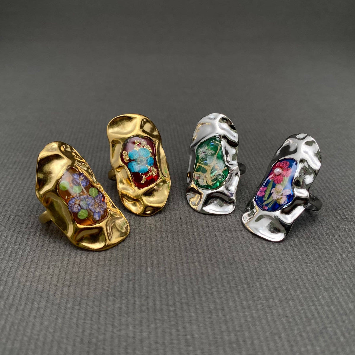 Dried Flowers Hammered Texture 18K Golden SS Ring - PDF/FGS: C